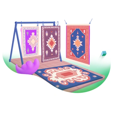 A modern pastel illustration featuring a collection of traditional rugs displayed on a wooden floor. Each rug showcases intricate ancient patterns, including geometric shapes and floral designs. The colors of the rugs include deep reds, rich blues, and earthy browns, all arranged in a harmonious layout. In the background, a soft light illuminates the texture of the rugs, highlighting the detailed craftsmanship.