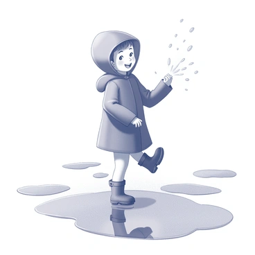 A child is standing in a puddle, wearing a raincoat that has a shiny texture and a hood. The child is wearing matching rain boots, with their feet partially submerged in the water. The child is joyfully raising one foot to splash water, sending droplets into the air. The background features several puddles reflecting the sky, and the ground is wet, indicating recent rain. The child has short hair, and a wide smile can be seen on their face as they play.