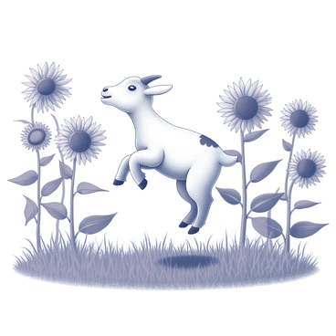 A baby goat frolicking among tall sunflowers in a sunny field.