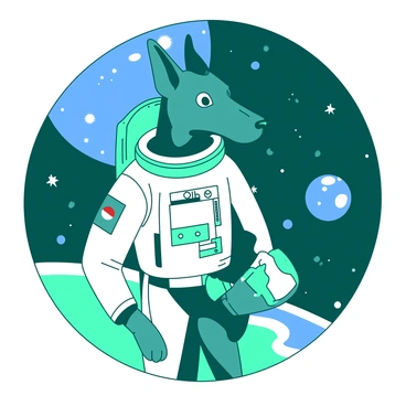 A teal Doberman wearing a white astronaut suit is floating in the vastness of space. The suit is adorned with various patches and insignias, capturing the essence of a space mission. The Doberman's ears are perked up, and its eyes are wide with curiosity as it looks at distant stars and planets. In the background, a vibrant blue planet is visible, partially illuminated by the sun. Small asteroids float nearby, adding to the sense of adventure in the cosmic expanse.