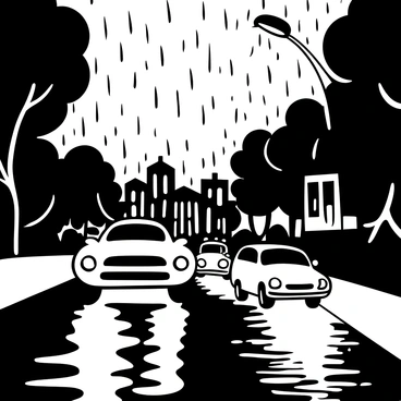 Cars on a wet road with their headlights on, driving carefully through rain. Water sprays upward from the tires, creating arcs of droplets around each vehicle. The pavement appears slick and shiny, reflecting the dim light from the street lamps. Rain falls steadily, causing ripples in puddles that form along the edges of the roadway. Surrounding trees and buildings are slightly blurred in the rain, emphasizing the weather conditions.