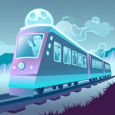 A ghostly train with a shiny, silver exterior glides silently along the tracks, emitting a faint, eerie glow. Ethereal passengers, transparent and shimmering, are visible through the windows; they are dressed in vintage clothing, with their faces reflecting expressions of nostalgia. The train is surrounded by a dense, swirling fog that envelops the countryside, obscuring the distant hills and trees. Soft wisps of mist rise from the ground, adding a sense of mystery to the scene, while the moonlight casts a ghostly luminescence over the train and its spectral passengers.
