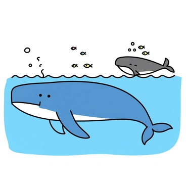 A large blue whale is swimming gracefully through a clear blue ocean. Its massive body is partially illuminated by sunlight filtering through the water. Nearby, a smaller humpback whale is breaching the surface, with its tail fin splashing down into the water. Various schools of colorful fish are swimming around them, adding life to the underwater scene. Bubbles rise from the whales as they create sounds, and their mouths are slightly open, conveying the motion of vocalizations. Soft waves ripple in the water, reflecting the movement of the whales.