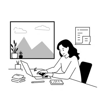 A freelancer sitting at a modern home office desk, surrounded by various supplies such as notebooks and a laptop. The freelancer is focused on signing up for a remote work platform, with their fingers on the keyboard. In the background, there is a large window showcasing a scenic view of mountains and trees. The room has minimalistic decor, with a potted plant on the window sill and a comfortable chair beside the desk. The light from the window casts soft shadows across the workspace, creating a calm atmosphere.