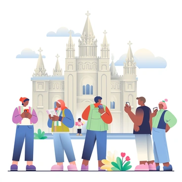 A large historic landmark with intricate stone carvings and towering spires is depicted in the background. In the foreground, several tourists are gathered, taking photos with their smartphones. Some are holding guidebooks and listening attentively to a tour guide who is pointing out key features of the landmark. A few tourists are taking selfies with the landmark in view. Vibrant flowers are planted around the base of the landmark, adding color to the scene. The sky is clear with a few fluffy clouds scattered across it.