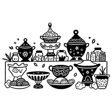 An array of tagine pots displayed on a table, each pot featuring intricate patterns and designs. Surrounding the pots are various jars filled with an assortment of spices, including cumin, paprika, and cinnamon. Fresh herbs are scattered around, adding texture to the scene. There are plates filled with colorful salads and bread placed alongside the pots. A patterned tablecloth covers the table, enhancing the vibrant presentation of the feast.