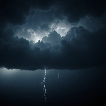 An ominous storm with dark, swirling clouds filling the sky. The clouds are a mix of deep gray and black, creating a dramatic appearance. Flashes of eerie lightning illuminate the scene, casting bright, flickering light across the clouds. The atmosphere is charged, suggesting a powerful force of nature at play. Rain can be seen falling in the distance, adding to the sense of foreboding in the image.