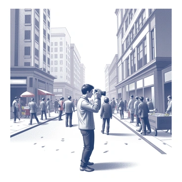 A photographer is positioned on a busy street, holding a camera up to their eye, focused on capturing dynamic street life. Around them, a diverse crowd of people moves in various directions, some engaged in conversation, while others are absorbed in their own activities. In the background, tall buildings with intricate architectural details rise against the sky, their facades bustling with activity. The ground is covered in a mix of pavement and scattered leaves, adding texture to the scene. Street vendors can be seen nearby, with their carts displaying colorful merchandise, contributing to the vibrant atmosphere. The scene conveys a sense of liveliness and motion, with the photographer at the center, dedicated to freezing a moment in time.
