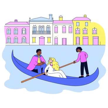 A gondola gliding smoothly on a tranquil Venetian canal. In the gondola, "Othello" is depicted as a tall man with dark skin, wearing a richly colored cloak. Beside him, "Desdemona" is portrayed as a woman with long, flowing blond hair, dressed in a flowing white gown. The water reflects the soft glow of the surrounding buildings, which have colorful facades and ornate balconies. The gondolier stands at the back, skillfully maneuvering the oar as the gondola glides along.