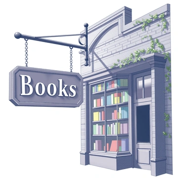 A wooden frame sign hanging from a wrought iron bracket. The sign is rectangular with rounded edges, featuring a weathered texture that indicates its age. Elegant letters carved into the wood spell out “Books” in a classic font. The sign sways gently, catching the light from a nearby streetlamp. In the background, the quaint old bookstore has a brick facade with a charming wooden door and large, inviting windows filled with colorful book spines on display. Ivy climbs up the side of the building, enhancing its rustic charm.