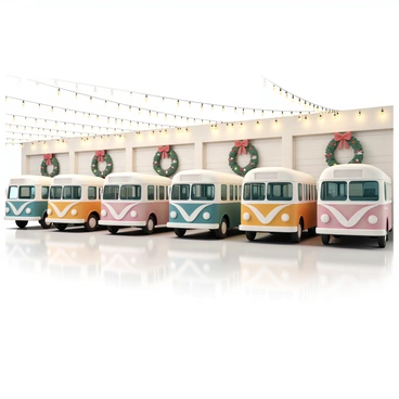 Several buses are parked inside a spacious garage, each one brightly colored with distinct designs. The garage is adorned with numerous "Christmas lights" hanging from the ceiling and along the walls, illuminating the space with a warm glow. Large "wreaths" are mounted on the garage doors, each decorated with festive red bows and glistening ornaments. The floor is clean and polished, reflecting the twinkling lights above, creating a cheerful and festive atmosphere.