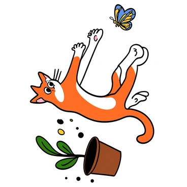 A cat with orange and white fur is leaping into the air, its paws outstretched towards a colorful butterfly. The butterfly has vibrant blue and yellow wings and is fluttering just above the cat's reach. In the background, a small potted plant is being knocked over, with soil scattering around as the pot tips to the side. The cat has big, expressive eyes showing determination and excitement as it focuses on its target.