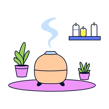 An essential oil diffuser with a smooth, rounded shape in a light wood finish. The diffuser is emitting a gentle, swirling mist that fills the air around it. Nearby, there are several small potted plants with green leaves, adding a touch of nature to the scene. A soft, textured mat is placed on the floor beneath the diffuser, creating a cozy atmosphere. In the background, there is a simple shelf with neatly arranged candles of varying heights.