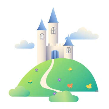 A whimsical castle made entirely of matchsticks stands atop a grassy hill. The castle features tall, tapering towers with pointed roofs and intricate matchstick windows. Surrounding the castle is a vibrant green lawn dotted with small wildflowers in shades of yellow and purple. Soft clouds drift in the blue sky above, casting gentle shadows on the hillside. A winding path leads up to the castle, bordered by tiny pebbles and more colorful flowers. The overall scene captures a playful and imaginative atmosphere.
