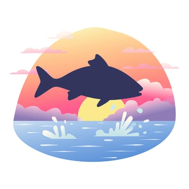 A silhouette of a redfish is leaping out of the water, creating splashes around it. The fish is prominently positioned in the center of the image, displaying its elongated body and distinctive shape. In the background, a vibrant sunset fills the sky with hues of orange, pink, and purple, casting a warm glow across the scene. The gently rippling water reflects the colors of the sky, enhancing the contrast with the dark silhouette of the fish. The overall composition highlights the dynamic motion of the fish against the serene backdrop of the sunset.