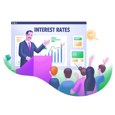A speaker standing at a podium, delivering a presentation about "Interest Rates" in bold, black letters. The speaker is wearing a professional suit and has a confident expression. In front of the speaker, there is an audience of diverse individuals, all attentively listening and taking notes. Some audience members are raising their hands to ask questions. The background features a large screen displaying a graph related to interest rates, along with colorful charts and bullet points.