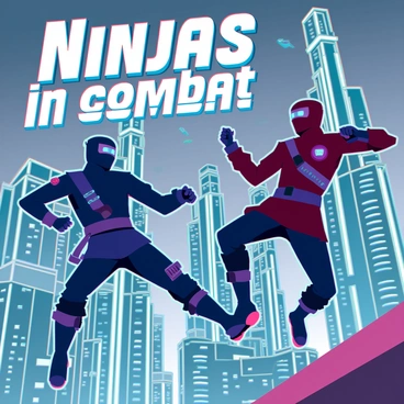 Two ninjas engaged in an intense battle on the rooftops of a futuristic city. One ninja is dressed in sleek black combat gear, equipped with advanced gadgets, while the other wears a dark red outfit, featuring glowing accents. They are both in dynamic fighting poses, displaying agility and skill as they leap between towering skyscrapers. The background showcases a sprawling cityscape filled with illuminated buildings, flying vehicles, and neon lights, creating a vibrant and energetic atmosphere. "Ninjas in combat" is visible in bold, futuristic lettering above their heads, adding to the scene's dramatic effect.