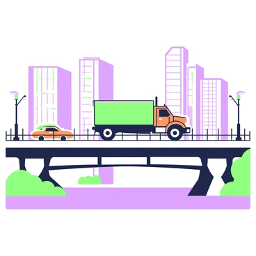 A brown truck is speeding across a modern bridge that features sleek lines and multiple lanes. The bridge is constructed with strong steel beams and has light posts lining the sides. Below the bridge, a river flows steadily, reflecting the busy urban landscape around it. In the background, tall buildings with glass façades rise against the sky, and there are several cars on the bridge along with the truck. The scene is bustling with activity, showcasing the vibrancy of city life.