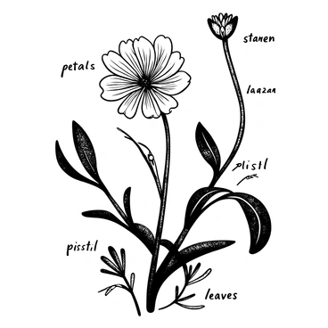 A detailed vintage botanical illustration of a "ranunculus" flower, showcasing its intricate petals and leaves. The illustration includes labeled parts such as "petals," "stamen," "pistil," and "leaves." The flower is depicted in a natural pose on a softly textured background, emphasizing its delicate structure and form. Various angles of the flower are shown to highlight its features.