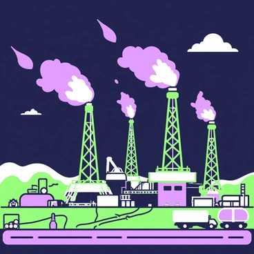 A fracking site is illuminated at night by bright gas flares. In the foreground, there are towering drilling rigs with various machinery surrounding them. The ground is lined with large pipes and equipment, and the scene includes storage tanks and vehicles parked nearby. The sky is filled with a dramatic glow from the flares, casting shadows across the site and creating a stark contrast between the structures and the dark surroundings. A few clouds are visible, reflecting the light from the flares above.
