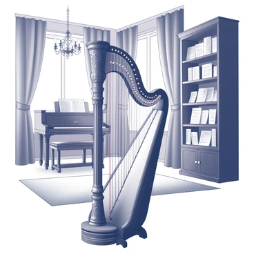 An elegant harp with intricate carvings and a polished finish stands prominently in a classic music room. The instrument features a variety of jewels embedded in its frame, reflecting light in different directions, creating a striking visual effect. The room is filled with rich wooden furniture, including a grand piano and a tall bookshelf filled with music sheets. Soft drapes frame the windows, and a chandelier hangs from the ceiling, providing ambient lighting. A plush rug lies on the floor, adding to the overall sophisticated atmosphere of the space.
