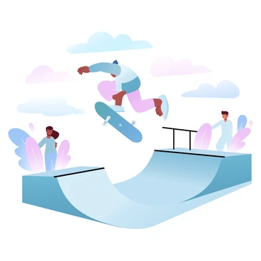 A skateboarder in a colorful outfit is performing a trick on a skateboard at a skatepark. The skateboarder is mid-air, showcasing dynamic movement. Various ramps and rails are present in the background, constructed from smooth surfaces. A couple of onlookers are watching nearby, creating an engaging atmosphere. The sky above has gradient pastel colors, blending soft hues.
