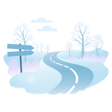 A country road stretches into the distance, flanked by grass that is covered in a thick layer of frost. The signposts along the road are also glistening with frost, their surfaces sparkling in the muted light. The sky overhead is a uniform grey, casting a soft light over the entire scene. The road itself is winding and lined with bare trees, their branches showing hints of frost as well. A sense of stillness pervades the atmosphere, with the landscape appearing calm and quiet.