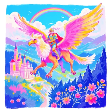A hero clad in shining armor is riding a majestic griffin that has a golden beak and large, powerful wings. The griffin is soaring high above a vibrant fantasy realm, where colorful castles and lush green forests can be seen below. The sky is filled with fluffy clouds, and a rainbow arcs across the horizon. The hero holds onto the griffin's feathers, looking determined as they fly through the bright blue sky. Below, winding rivers and radiant flowers dot the landscape.