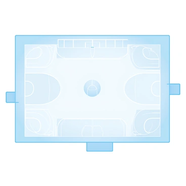 A detailed floor plan of a multi-sport complex is laid out, showcasing various courts and fields. There are three basketball courts arranged in a rectangular layout, marked with lines and hoops at each end. Adjacent to the basketball courts, a volleyball court is positioned, complete with a net in the center. 

On one side, an indoor soccer field is outlined, featuring goals on either end, with markings for the boundaries. The plan also includes a badminton court, marked with lines and a net in the middle. 

In the center of the complex, there is an open area designated for activities, with space for seating and relaxation. Surrounding these sports areas are locker rooms and restrooms clearly indicated. The entire layout is organized and spacious, designed to accommodate a variety of sports and activities.