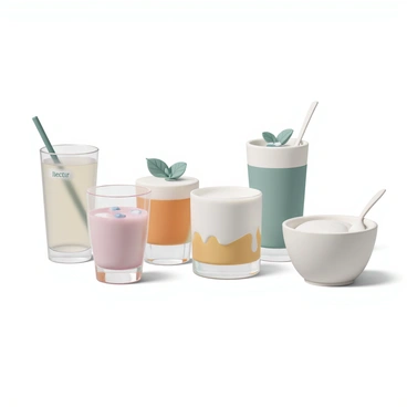 A tabletop displaying a variety of drinks, each designed for dysphagia management. The first drink is a clear liquid in a tall glass, representing a thin consistency, with a small straw beside it. The second drink is a slightly thicker liquid, presented in a short glass with a label indicating “nectar,” and a few ice cubes visible inside. The third drink is a creamy consistency, served in a cup with a wider rim, featuring a smooth, frothy top. Lastly, there is a pudding-like drink in a small bowl, with a spoon resting on the side and a decorative sprig of mint on top. Each drink is attractively arranged, showcasing the different consistencies clearly.