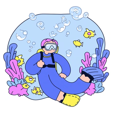 A diver with a wetsuit and a streamlined mask is exploring a vibrant underwater scene. The diver is positioned near colorful coral reefs filled with fish of various shapes and sizes. Around the diver, bubbles are emerging from an oxygen tank, and some of these bubbles are shaped like question marks, floating upwards towards the surface. Sunlight filters through the water, casting a shimmering effect on the diver and the marine life surrounding them.