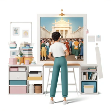 An illustrator is standing in a bright and spacious studio, surrounded by various art supplies and reference materials. The illustrator, a middle-aged woman with short curly hair, is intensely focused on a large canvas. On the canvas, she is recreating a historic event, with vibrant colors depicting a bustling scene filled with diverse characters. There are men and women in period clothing, engaged in various activities, some talking, others working, and a few looking toward the viewer. The backdrop shows an iconic building from the era, emphasizing the significance of the event being illustrated. The lighting in the studio casts a warm glow on the canvas, highlighting the illustrator's dedication and creativity.