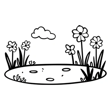 Multiple pinwheels of varying sizes are scattered around the edge of a tranquil pond. The pinwheels are twisting gently in a light breeze, creating a dynamic visual contrast against the still water. The surface of the pond reflects the sky above, showcasing a clear expanse with fluffy clouds. In the surrounding area, tall grasses and delicate wildflowers frame the pond, adding texture to the scene. The overall composition captures a peaceful outdoor setting.