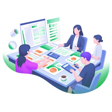 A modern pastel illustration depicting a group of stakeholders engaged in analyzing financial reports. They are seated around a rectangular table covered with various documents, spreadsheets, and financial reports. A few calculators are placed on the table, and there are coffee cups and pens scattered among the papers. Each stakeholder is focused on the documents in front of them, with one person pointing to a specific report while another takes notes. The atmosphere is collaborative and professional.