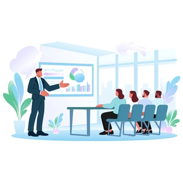 An entrepreneur is standing confidently in a modern office, holding a presentation remote in one hand. The entrepreneur is dressed in a tailored suit and is gesturing towards a large screen displaying a colorful business presentation with graphs and charts. A group of investors is seated around a sleek conference table, attentively focused on the presentation. The office has large windows revealing a cityscape, with bright sunlight streaming in. Various potted plants are arranged around the room, adding a touch of greenery to the contemporary design.