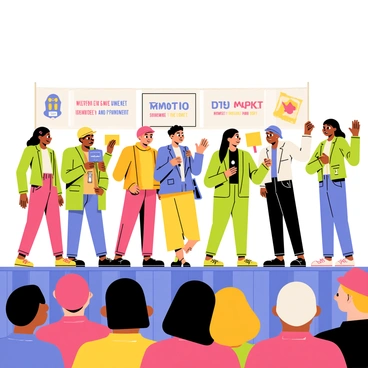 A group of diverse community leaders stands together on a stage at a rally event. Each leader is dressed in colorful attire that reflects their cultural backgrounds. One leader, holding a microphone, is passionately speaking to the crowd with an enthusiastic expression. Nearby, another leader is gesturing with their hands, emphasizing their message. Banners with various slogans are displayed in the background, and a diverse audience watches attentively, some holding signs. The atmosphere is energetic and focused on unity and empowerment.