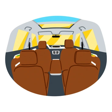 An SUV interior featuring a spacious seating arrangement with plush, brown leather seats. The seats are arranged in three rows, with ample legroom visible. Above, a large sunroof allows natural light to flood the interior, casting a warm glow on the dashboard. The dashboard includes sleek, modern controls and a central touchscreen display. The vehicle is designed with a high ceiling, enhancing the feeling of openness. Additional details include stylish cup holders in the armrests and door pockets adorned with chrome accents.