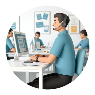 A call center worker, wearing a blue polo shirt and black pants, is sitting at an office desk. They have a headset on and are smiling as they speak into the microphone. The desk is organized with a computer monitor displaying a customer service interface, a notepad, and a pen. The background shows a brightly lit office environment with motivational posters on the walls and other workers visible at their desks.