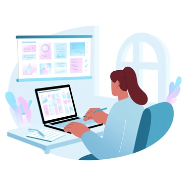 A designer is seated at a modern desk, focused on a laptop. The laptop screen displays a colorful digital illustration project plan template with various sections and boxes filled with text and images. The designer is using a stylus to make notes on a nearby digital tablet. Surrounding the desk are art supplies, including markers and sketchbooks. A large window in the background lets in soft natural light, highlighting the workspace.