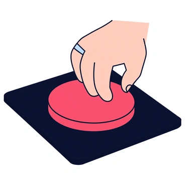 A close-up of a shiny red buzzer button placed on a sleek black surface. The button has a glossy finish that reflects light, emphasizing its vibrant red color. Above the button, a contestant's hand is positioned, fingers slightly curled and hovering just above the surface of the button, ready to press it. The hand features a light skin tone and wears a simple silver ring on the index finger.