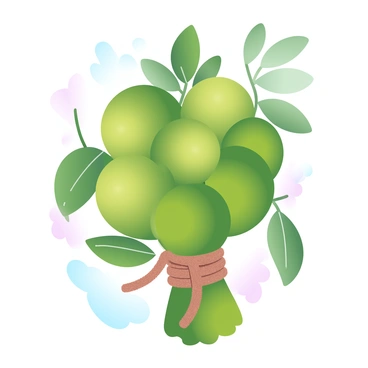 A bundle of limes is tightly wrapped together with rustic twine. The limes have a vibrant green color, showcasing their fresh texture. The twine adds an earthy element, contrasting with the smooth surface of the limes. There are small leaves scattered around the bundle, enhancing the natural feel of the composition. The background features a soft gradient of pastel colors that complement the green limes.