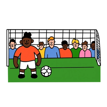 A soccer player with dark skin and short black hair is standing before the goal, poised to take a penalty kick. The player is wearing a red jersey with white shorts and black cleats. The expression on the player’s face is focused and intense, capturing the anticipation of the moment. The soccer ball is placed on the penalty spot, just in front of a white goal with a net. In the background, a blurred audience can be seen, adding to the atmosphere of tension.