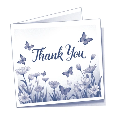 A thank you card with an illustration of a garden. The garden is filled with various flowers, including daisies and tulips, creating a lush environment. Numerous butterflies are fluttering among the blooms, showcasing different wing shapes and positions as they move gracefully through the scene. The words "Thank You" are depicted in a graceful script font, prominently positioned in the center of the card.