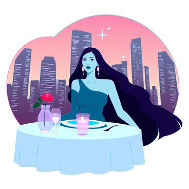 A woman with medium skin and long, flowing dark hair is seated at a small round table set for a romantic dinner. She is wearing an elegant, off-the-shoulder dress in deep blue. Soft, flickering candlelight illuminates her face, casting warm glows and gentle shadows. The table is adorned with a white tablecloth, fine dining cutlery, and a delicate vase holding a single red rose. In the background, the city skyline is visible, featuring tall buildings with sparkling lights and a gradient evening sky transitioning from orange to deep purple. The ambiance is intimate, with a few stars beginning to twinkle above.