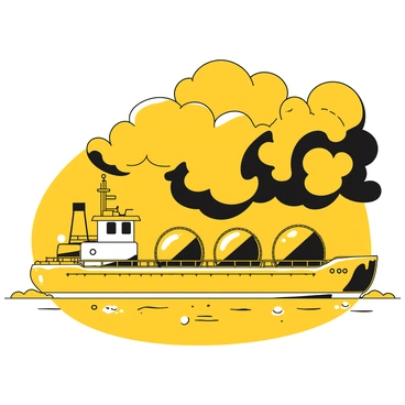 An oil barge with large tanks and a deckhouse is floating on choppy water. The barge is detailed, with ropes and fenders along the sides. Above the barge, dark, swirling storm clouds are gathering in the sky, creating a sense of impending weather. The clouds appear thick and ominous, contrasting with the lighter patches of sky. The water shows ripples and waves, indicating strong winds.