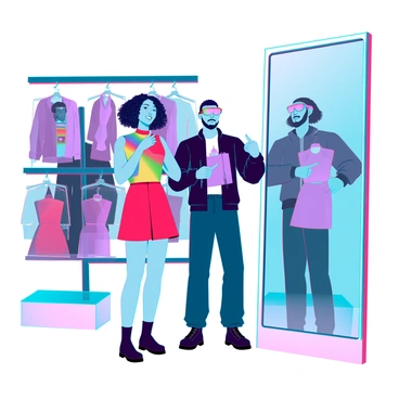 A group of shoppers with diverse appearances, including a woman with curly hair and a man with a beard, are standing in a modern store setting. Each shopper is wearing AR glasses that project digital clothing options around them. One woman is smiling as she interacts with her virtual wardrobe, selecting a colorful dress, while a man adjusts a virtual jacket on his shoulders. The atmosphere is bright and lively, with clothing racks and digital screens displaying various outfit choices in the background. Shoppers are engaged, pointing at their reflections in a virtual mirror that displays their augmented reality outfits, showcasing a blend of real and digital shopping experiences.