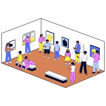 A spacious section of an art gallery located within Harrods. The gallery has sleek white walls displaying various modern art pieces in bold colors and abstract shapes. There are several visitors, a diverse group of adults and children, standing and engaging with the artwork. Some are pointing at the pieces, while others are taking pictures or discussing among themselves. The floor is polished wood, and there are small areas with benches for resting. Soft lighting illuminates the artworks, highlighting their details.