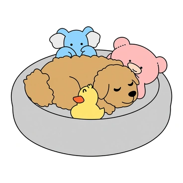 A fluffy cavapoo with a wavy coat in shades of caramel and cream is snuggling comfortably in a round, plush dog bed that is a soft light gray color. The dog has its eyes closed, enjoying the warmth and softness of the bed. Surrounding the dog bed are various soft toys, including a bright yellow squeaky duck, a blue elephant with floppy ears, and a pink teddy bear with a stitched smile. The scene conveys a sense of warmth and comfort, with the dog nestled among its toys, creating a playful atmosphere.