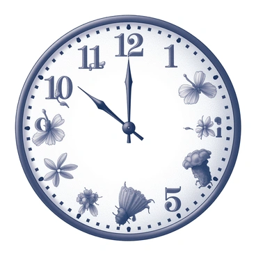 A clock face with a circular design, featuring twelve distinct segments for each hour. Each segment illustrates a different stage of decomposition, progressing in a clockwise manner. The first hour shows a fresh flower, the second hour depicts wilting petals, and the third hour presents a rotting plant. The subsequent hours continue this theme, showcasing decayed organic matter, mold, and insects consuming the remnants. The clock hands are positioned at the twelve o'clock mark, with intricate details highlighting the textures and forms of decomposition throughout the face. The background is minimal, emphasizing the clock as the central focus.