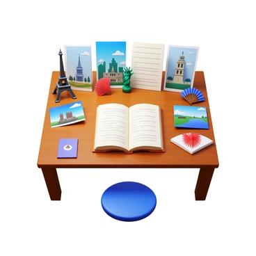 A collection of various souvenirs and postcards from different countries arranged around an open book on a wooden desk. The postcards feature landmarks and cultural symbols from their respective countries. The souvenirs include a small Eiffel Tower, a miniature statue of liberty, and a traditional Japanese fan. The open book has pages filled with handwritten notes and sketches. The desk surface is slightly cluttered but organized, with an inviting atmosphere that suggests a traveler’s workspace.